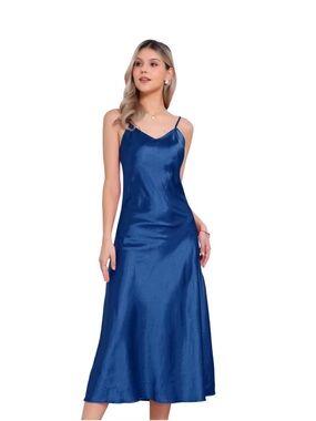 Women's Satin Sleeveless V Neck Spaghetti Strap Evening Party Maxi INSPIRE CHIC